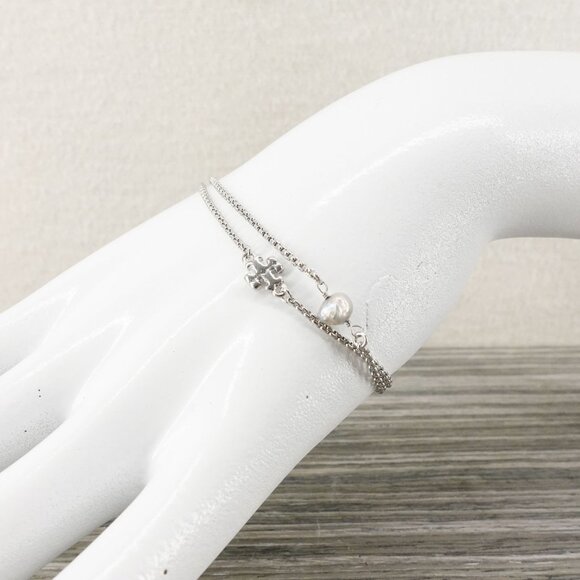 Tory Burch Logo Pearl Slider Adjustable Bracelet Silver OS - Picture 7 of 12